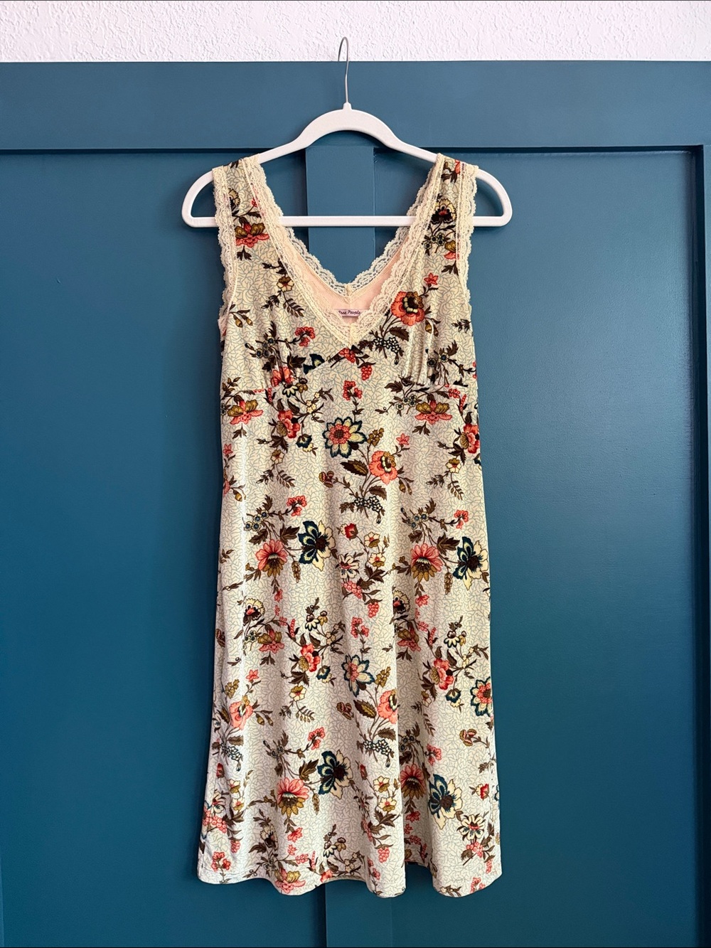 Free People Cream Floral Lace-Trim Mini Dress with Coral & Navy Accents
